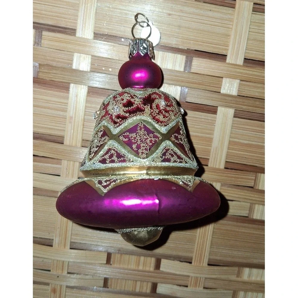 Department 56 Poland Hand Blown Glass Bell Christmas Ornament Cranberry Gold 3.5